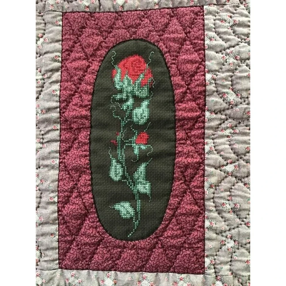Wall Hanging Quilt Roses Cross Stitch Burgundy Handmade Vintage Handquilted